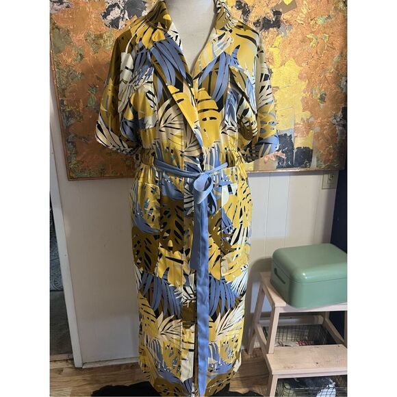 Jeannie Mai x INC Rare Leafy Print Midi Belted Dress Blue and Gold Gen S - Picture 1 of 10